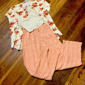 Three piece outfit including Vintage palazzo pants, a crop tank and a kimono